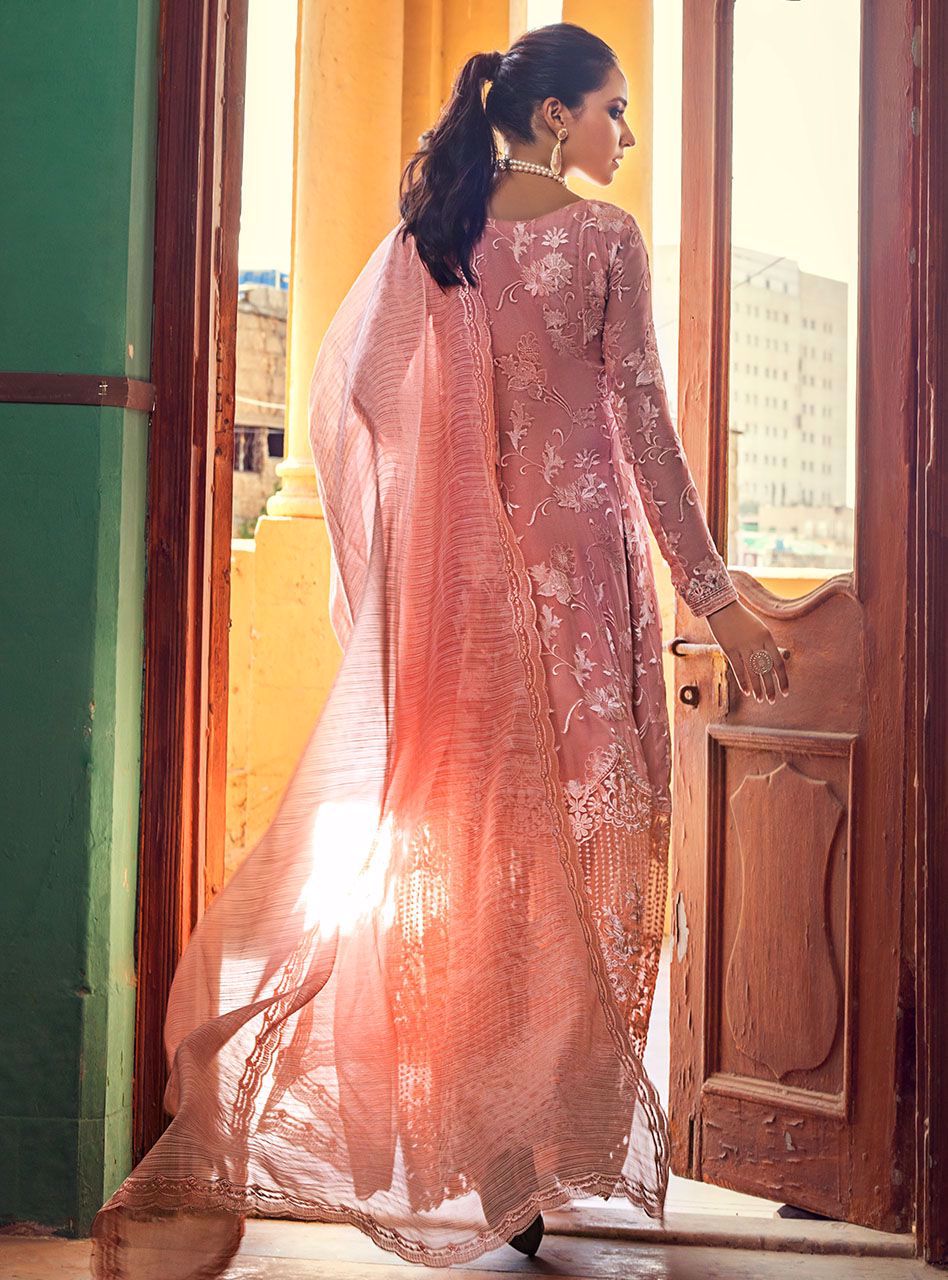 Blush Pink Embroidered Chiffon Anarkali Dress (3-Piece) - Image 6