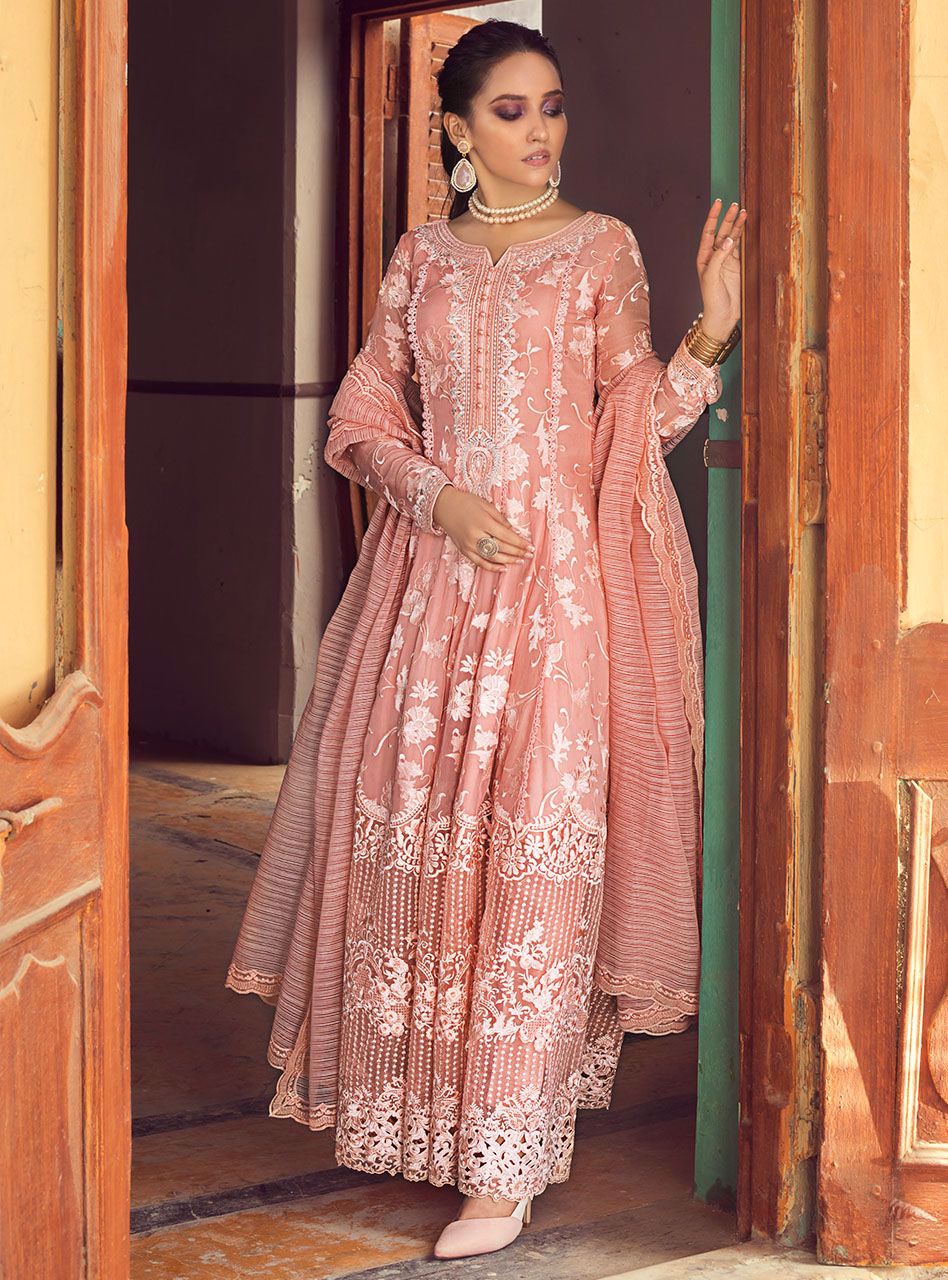 Blush Pink Embroidered Chiffon Anarkali Dress (3-Piece) - Image 7