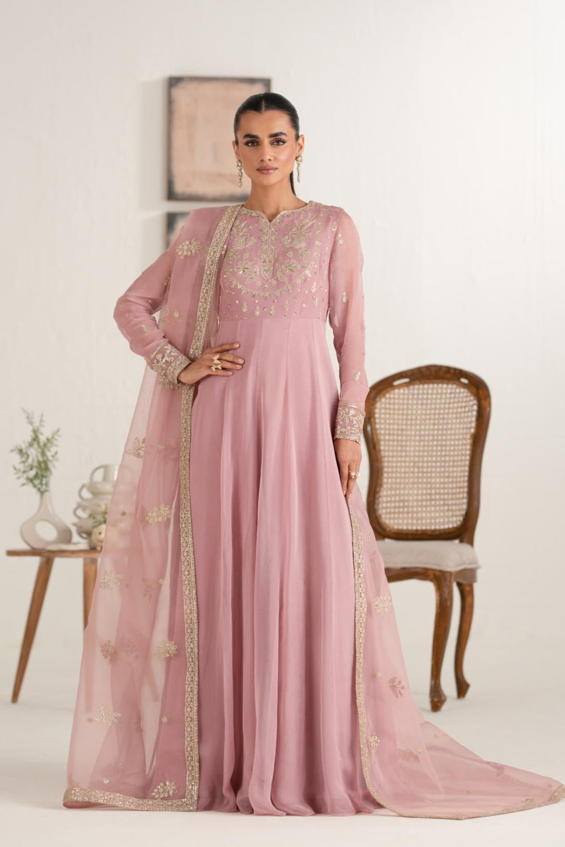 Dusty Pink Embroidered Chiffon Anarkali Dress (2-Piece) - Image 2