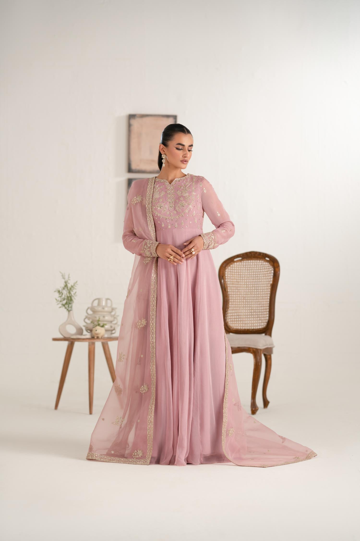 Dusty Pink Embroidered Chiffon Anarkali Dress (2-Piece) - Image 3