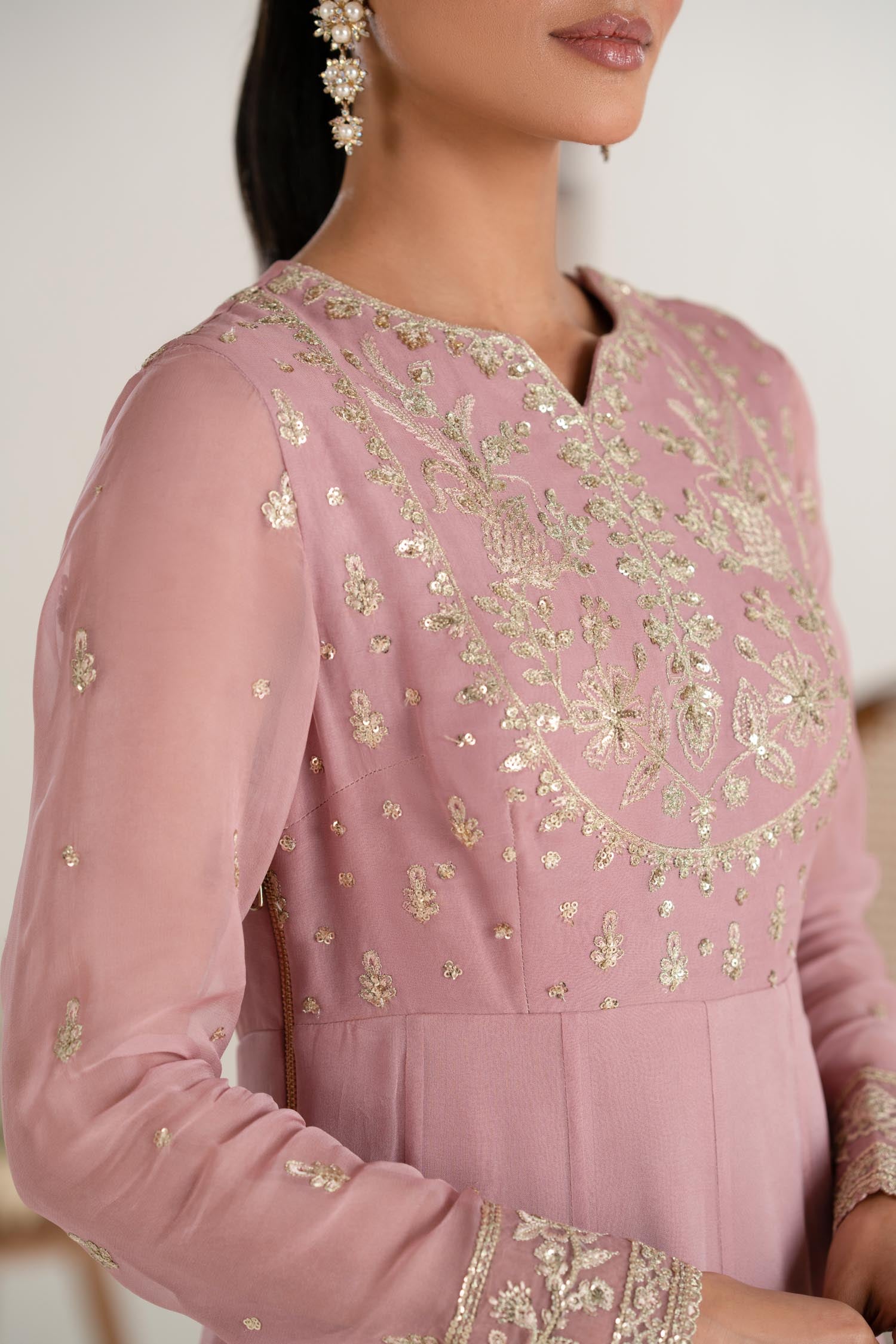 Dusty Pink Embroidered Chiffon Anarkali Dress (2-Piece) - Image 6
