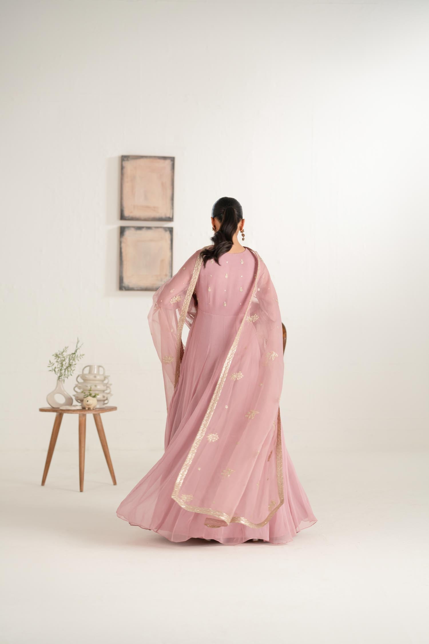 Dusty Pink Embroidered Chiffon Anarkali Dress (2-Piece) - Image 7