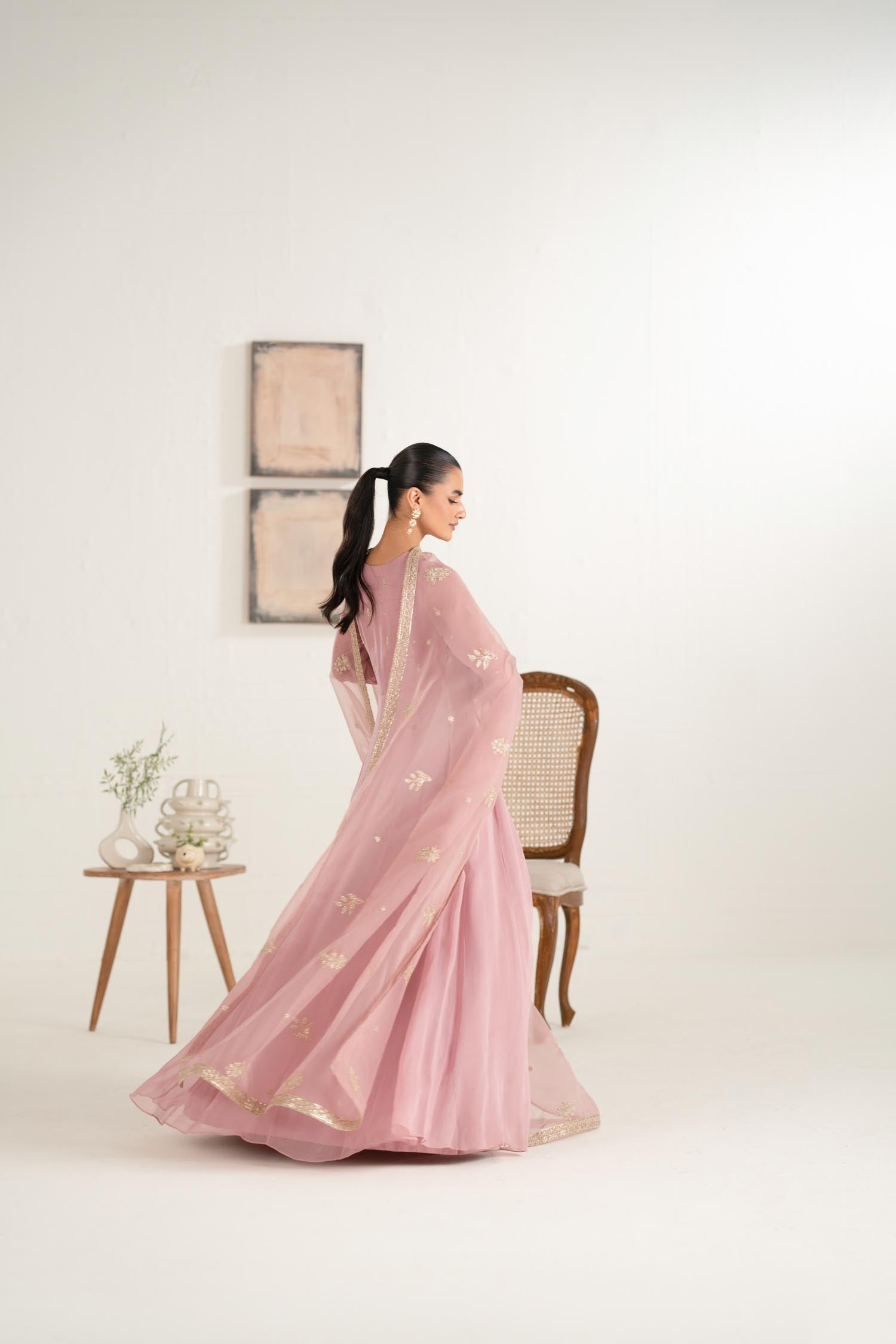 Dusty Pink Embroidered Chiffon Anarkali Dress (2-Piece) - Image 8