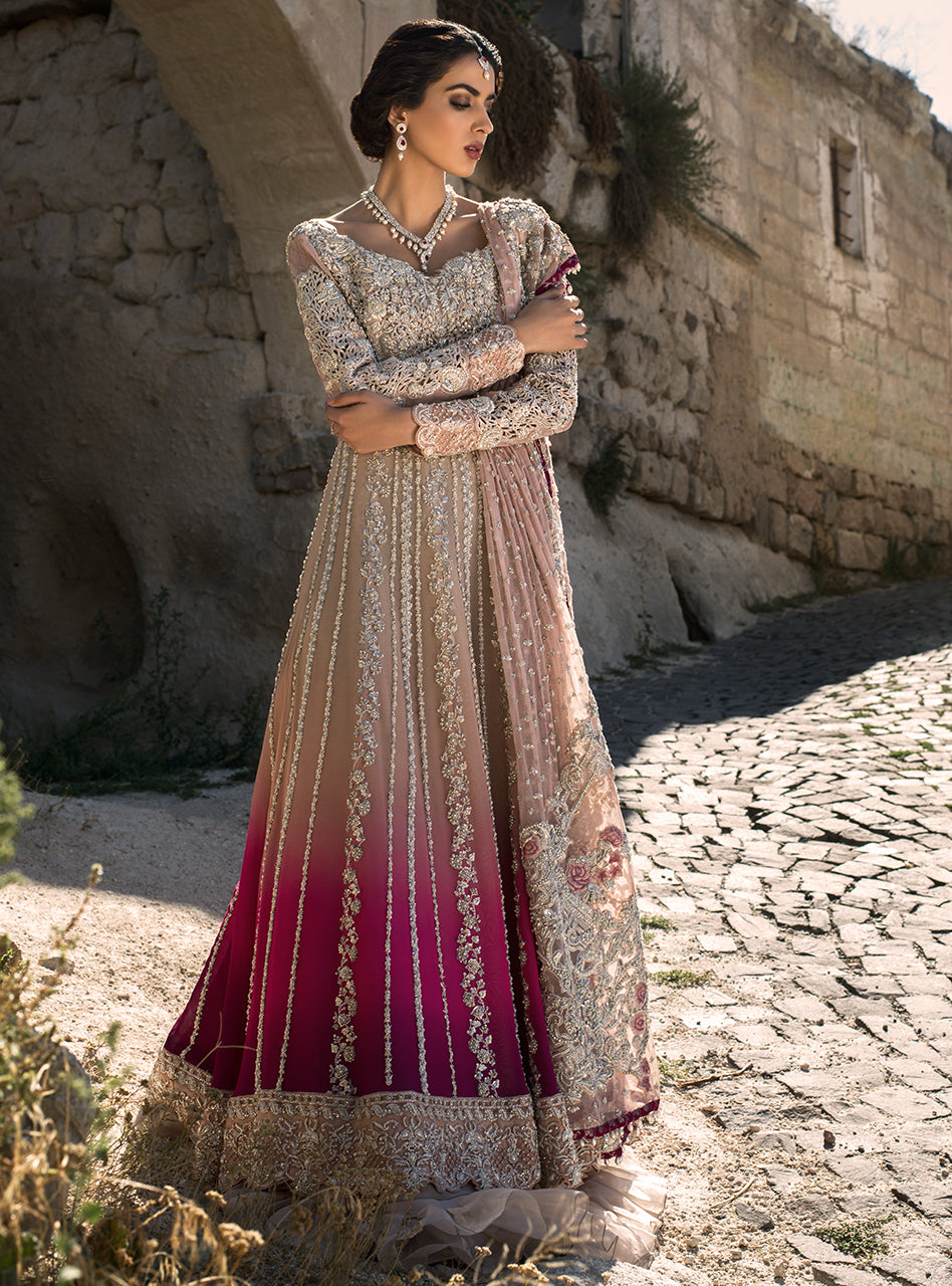 Pink Ombré Embroidered Chiffon Anarkali Dress (3-Piece) - Image 1