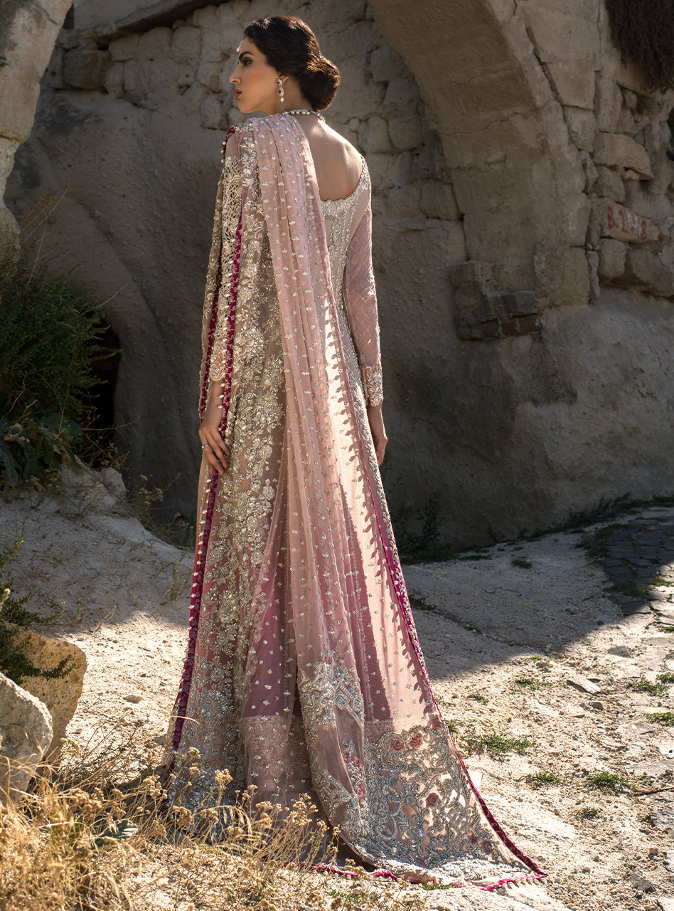 Pink Ombré Embroidered Chiffon Anarkali Dress (3-Piece) - Image 2