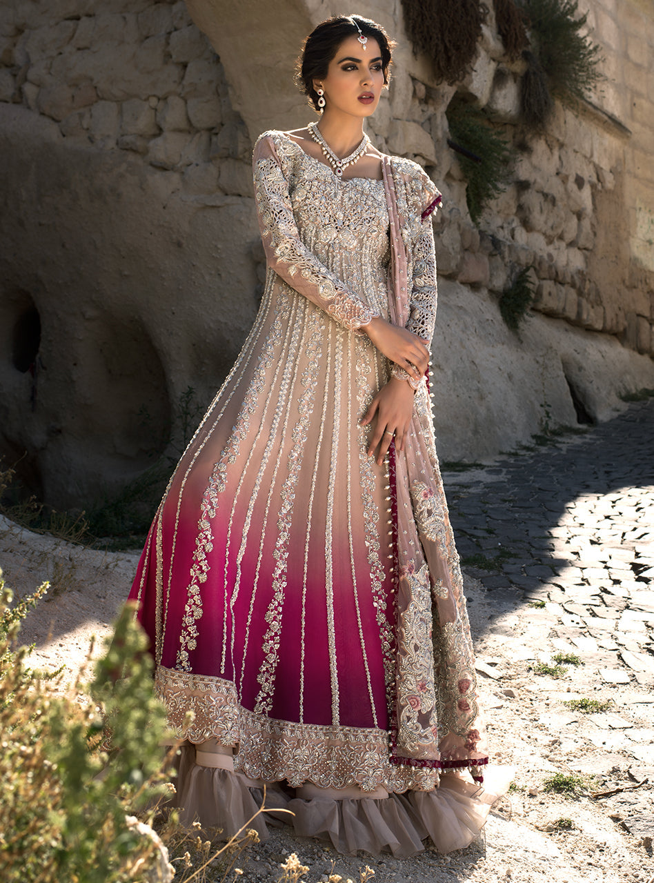 Pink Ombré Embroidered Chiffon Anarkali Dress (3-Piece) - Image 3