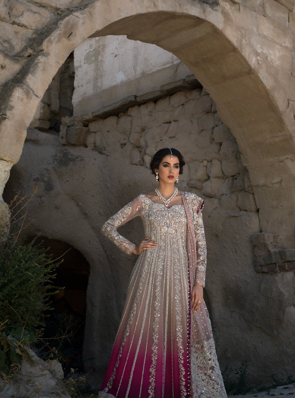 Pink Ombré Embroidered Chiffon Anarkali Dress (3-Piece) - Image 4