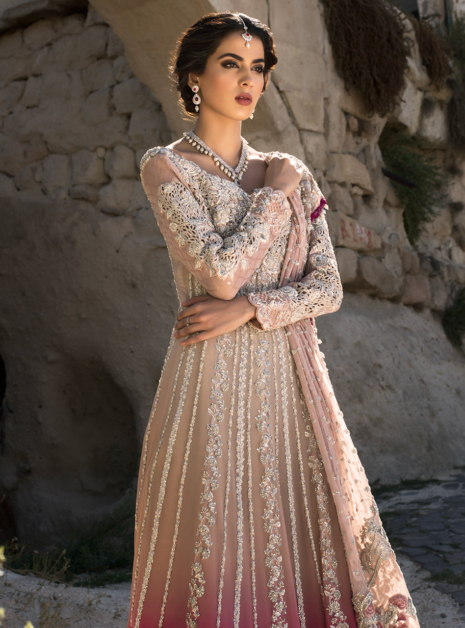 Pink Ombré Embroidered Chiffon Anarkali Dress (3-Piece) - Image 5