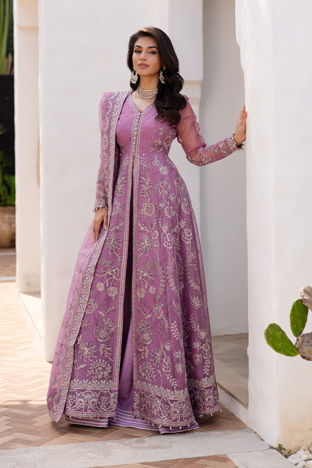 Mauve Embroidered Chiffon Anarkali Dress (3-Piece) - Image 1