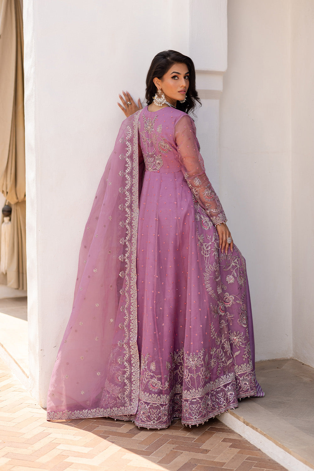 Mauve Embroidered Chiffon Anarkali Dress (3-Piece) - Image 2