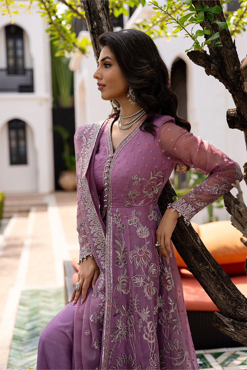 Mauve Embroidered Chiffon Anarkali Dress (3-Piece) - Image 3