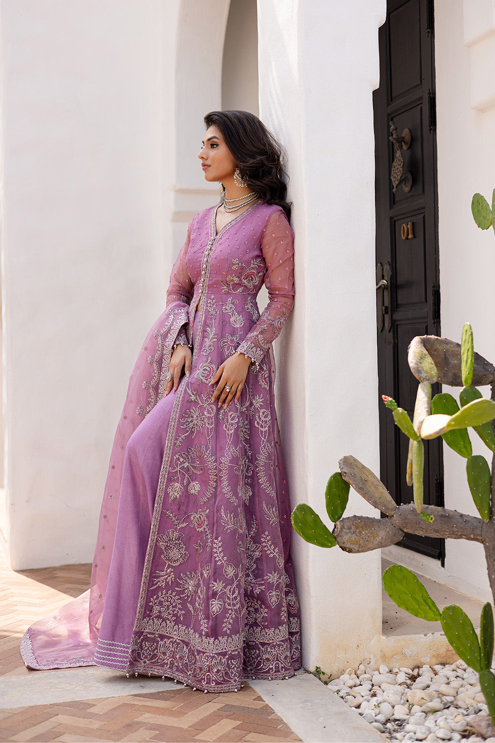 Mauve Embroidered Chiffon Anarkali Dress (3-Piece) - Image 4
