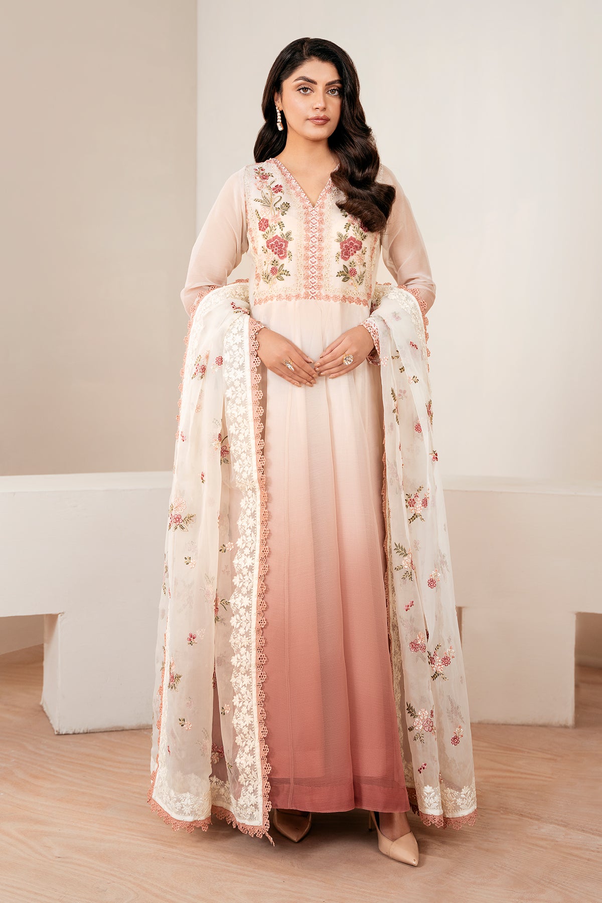 Pakistani Blush Pink Embroidered Chiffon Anarkali Dress (3-Piece) - Image 1