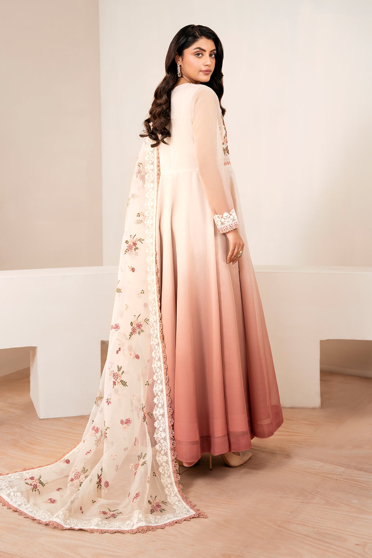 Pakistani Blush Pink Embroidered Chiffon Anarkali Dress (3-Piece) - Image 2
