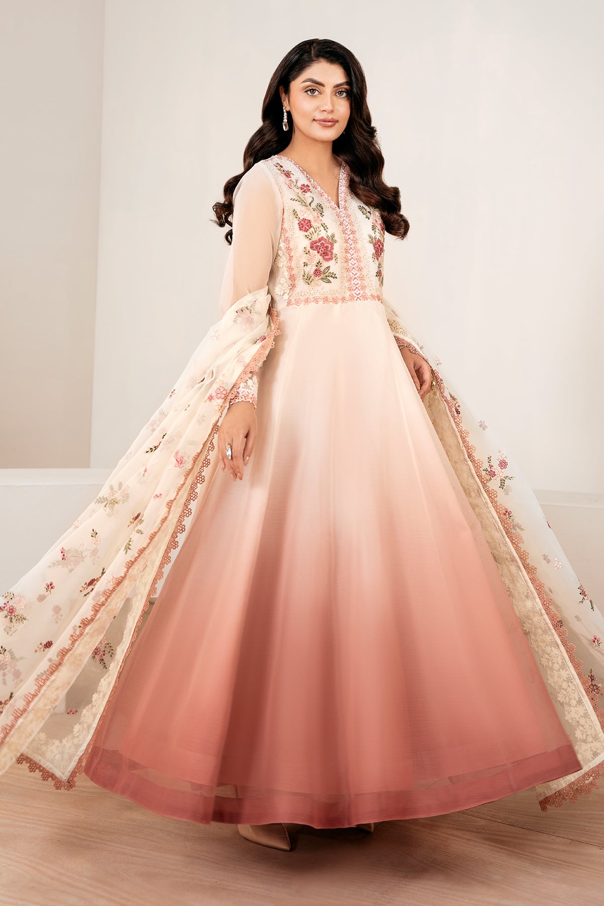 Pakistani Blush Pink Embroidered Chiffon Anarkali Dress (3-Piece) - Image 3