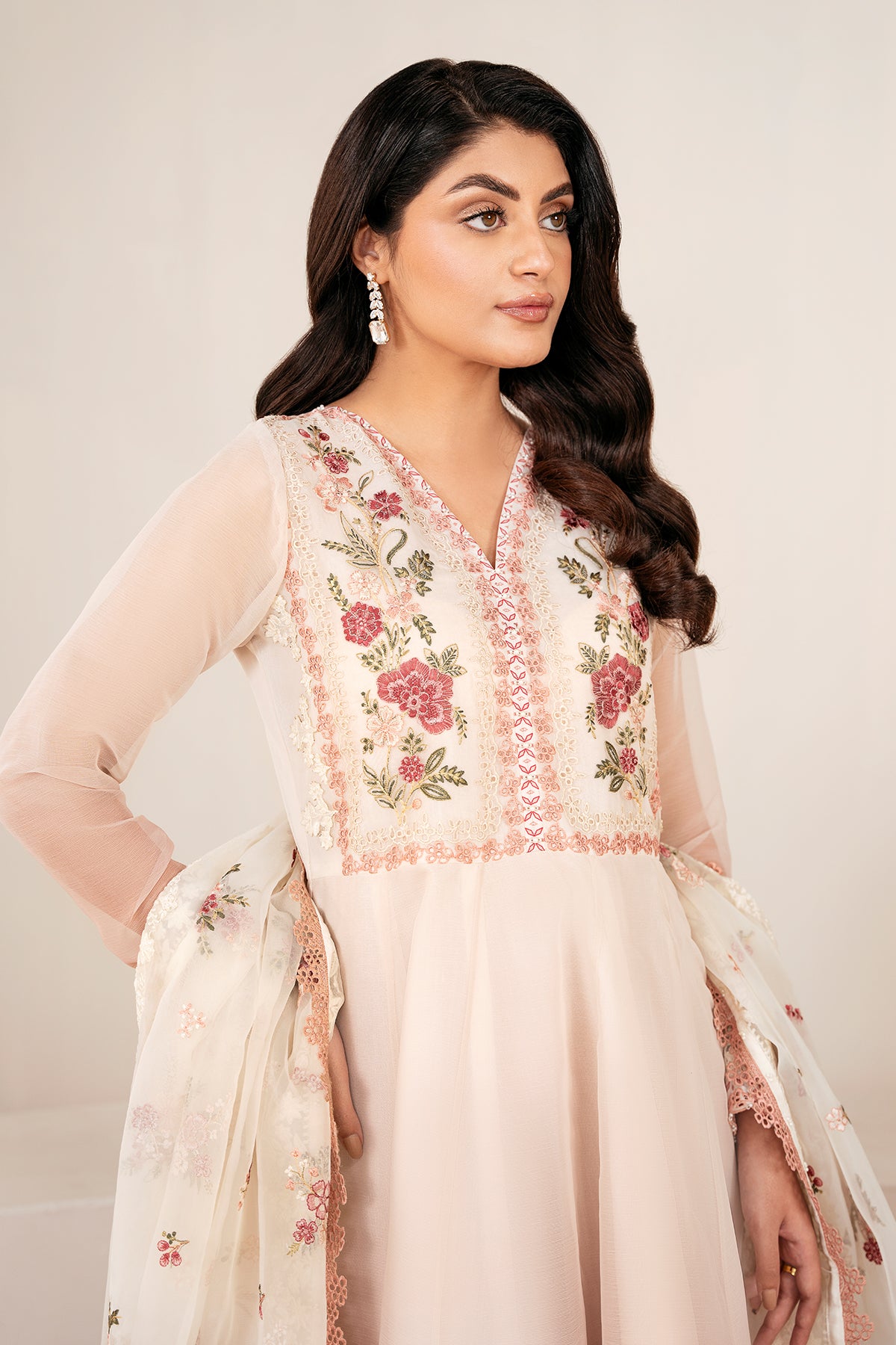 Pakistani Blush Pink Embroidered Chiffon Anarkali Dress (3-Piece) - Image 4