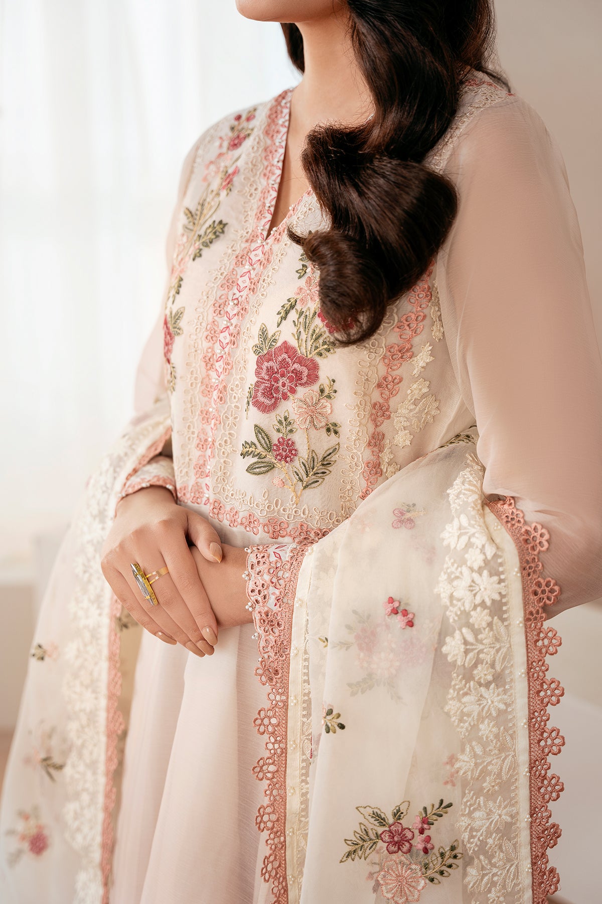 Pakistani Blush Pink Embroidered Chiffon Anarkali Dress (3-Piece) - Image 5