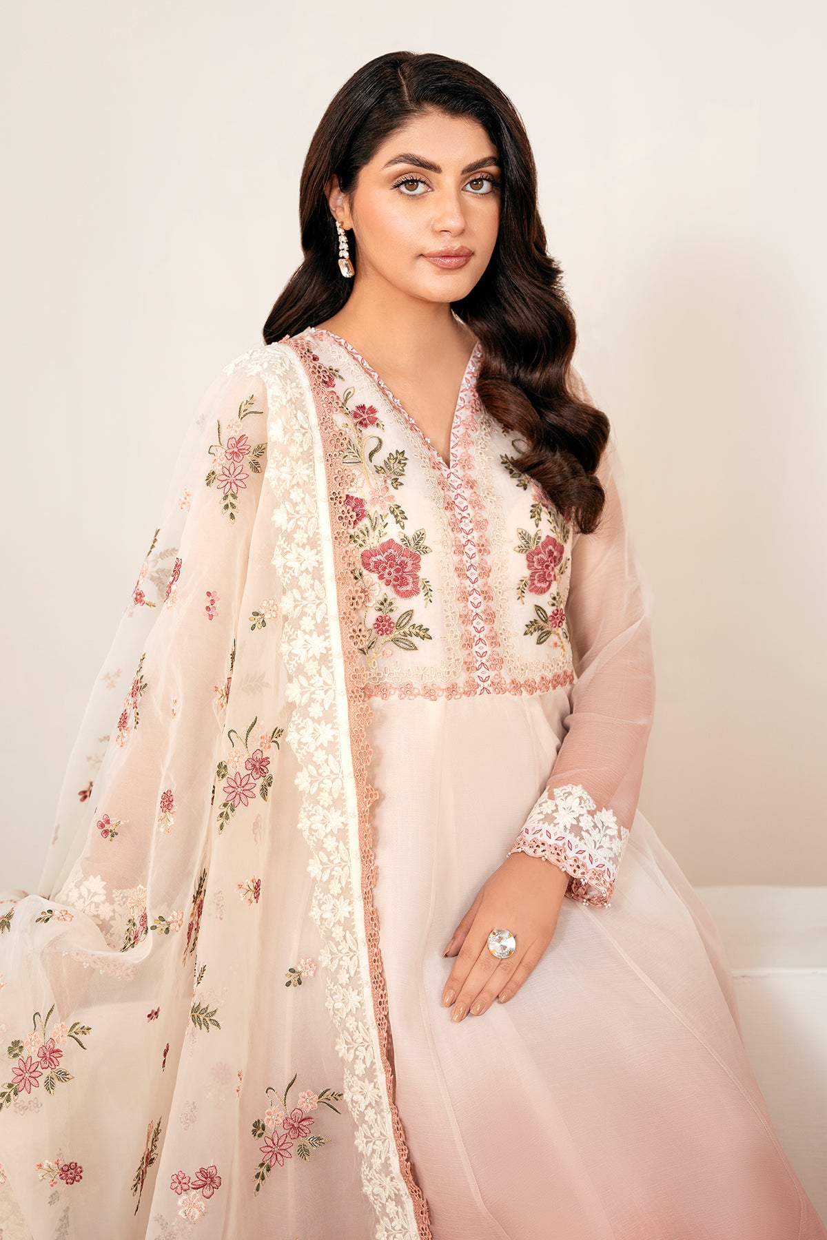 Pakistani Blush Pink Embroidered Chiffon Anarkali Dress (3-Piece) - Image 6