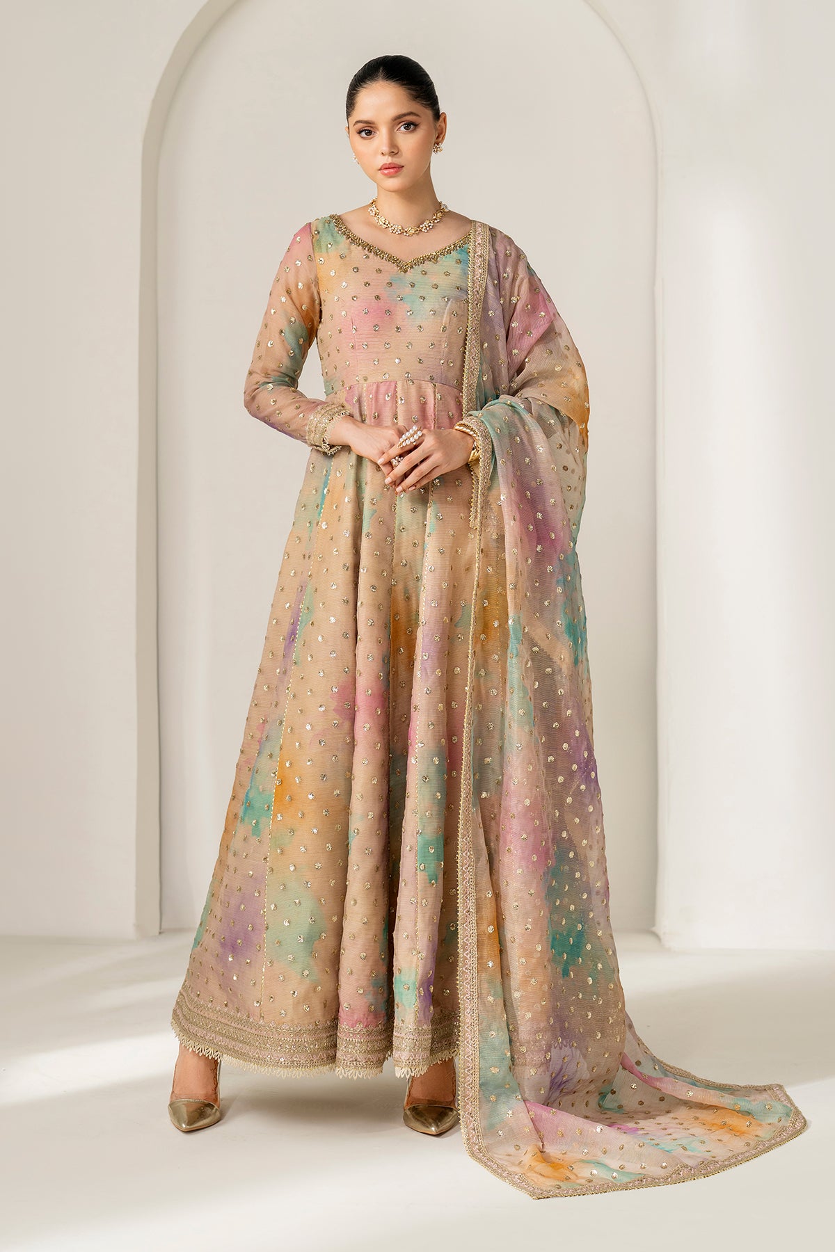 Pakistani Pastel Embroidered Cotton Patti Anarkali Dress (3-Piece) - Image 1