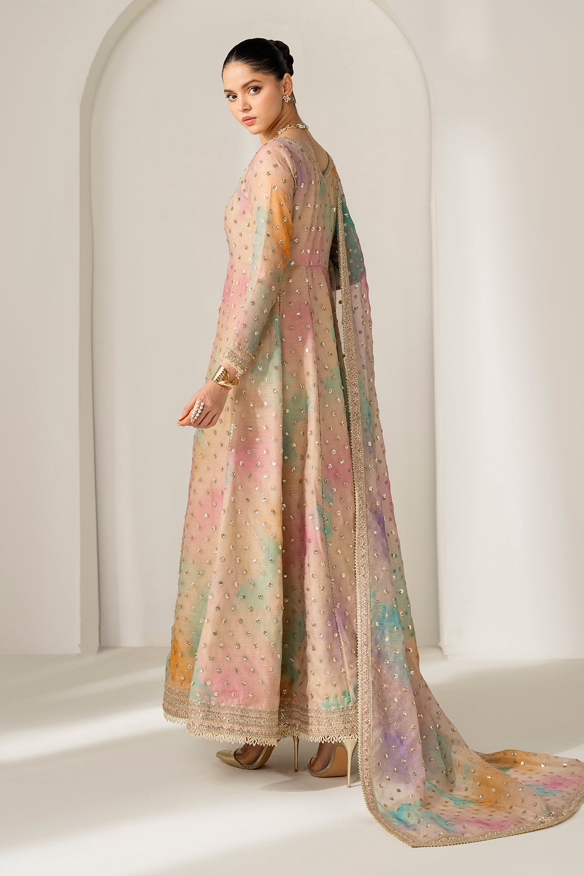 Pakistani Pastel Embroidered Cotton Patti Anarkali Dress (3-Piece) - Image 2