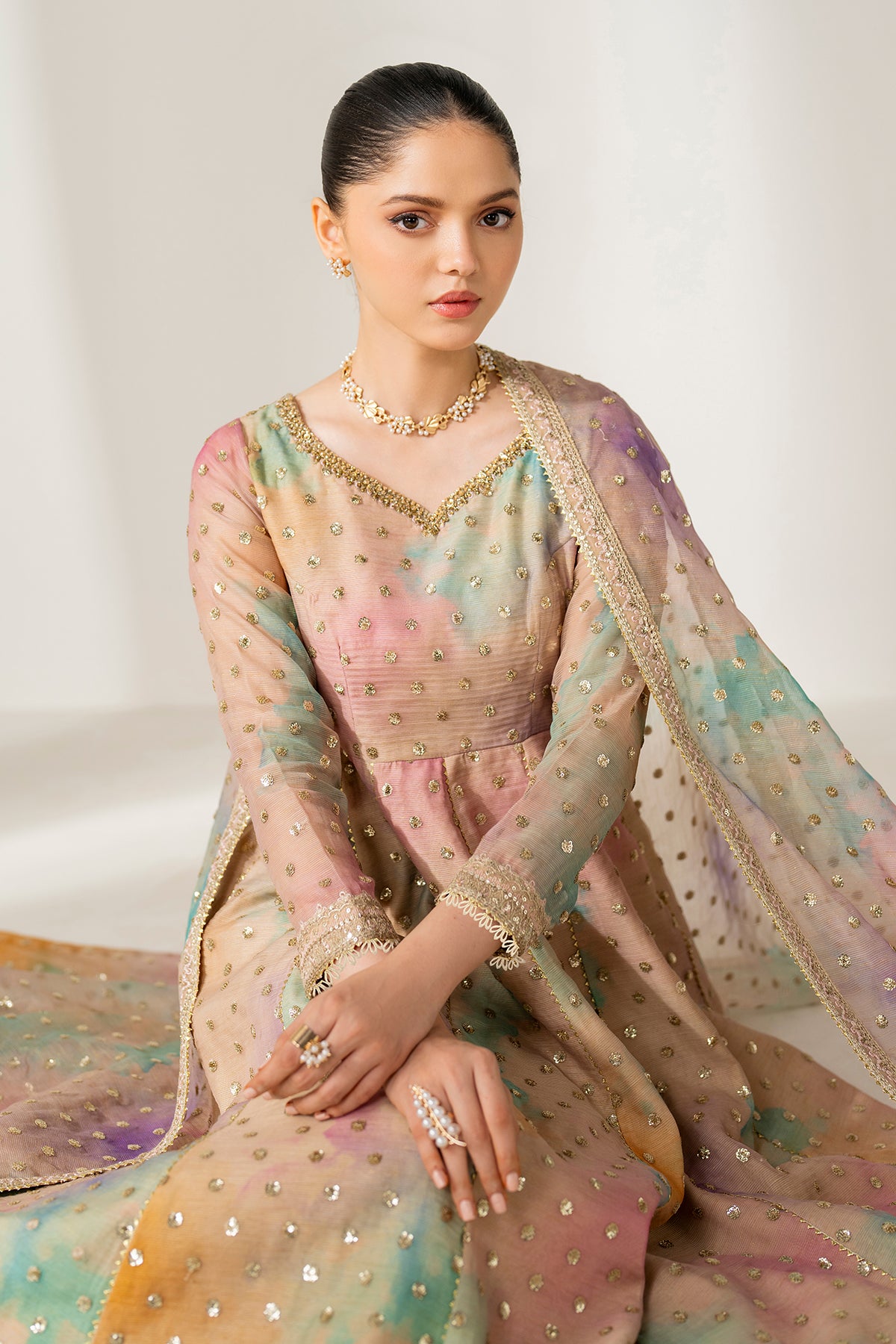 Pakistani Pastel Embroidered Cotton Patti Anarkali Dress (3-Piece) - Image 5