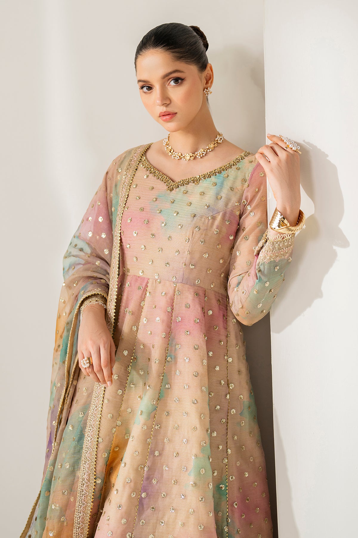 Pakistani Pastel Embroidered Cotton Patti Anarkali Dress (3-Piece) - Image 6