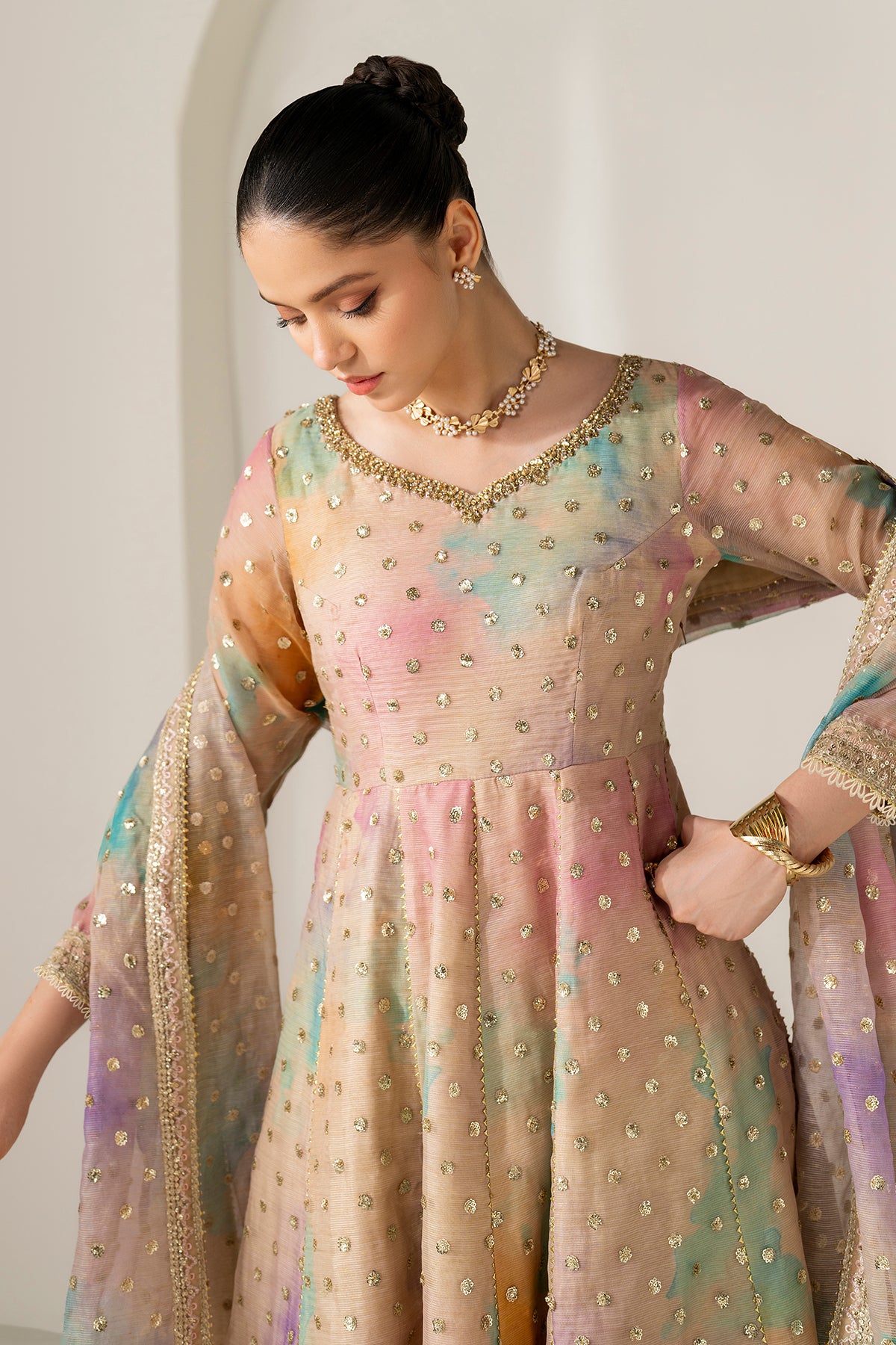 Pakistani Pastel Embroidered Cotton Patti Anarkali Dress (3-Piece) - Image 8