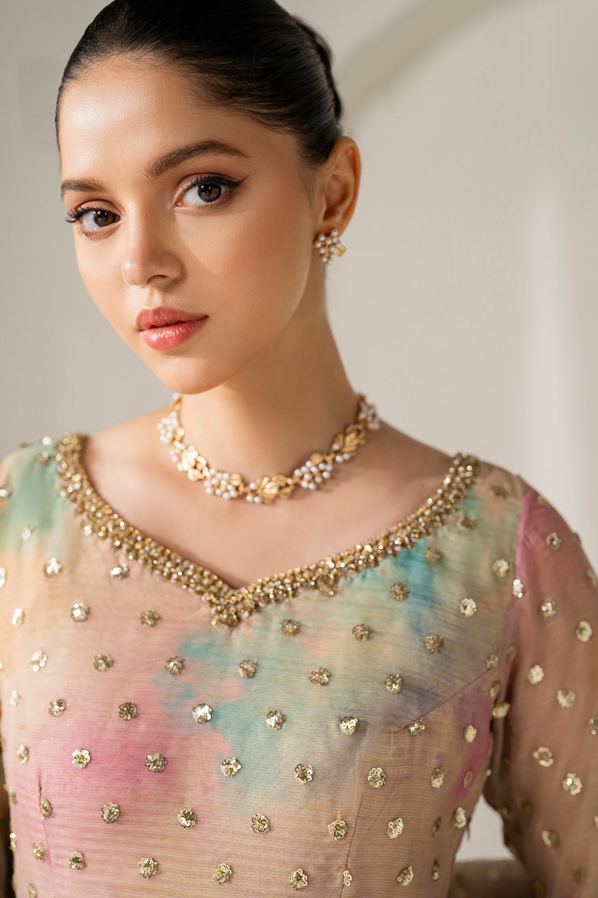 Pakistani Pastel Embroidered Cotton Patti Anarkali Dress (3-Piece) - Image 9