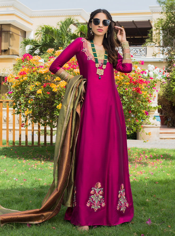 Magenta Embroidered Cotton Silk Anarkali Dress (3-Piece) - Image 2