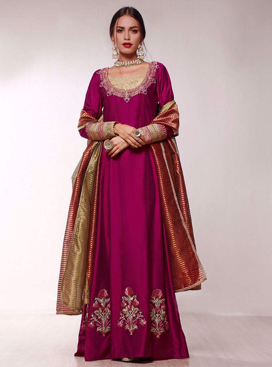 Magenta Embroidered Cotton Silk Anarkali Dress (3-Piece) - Image 3
