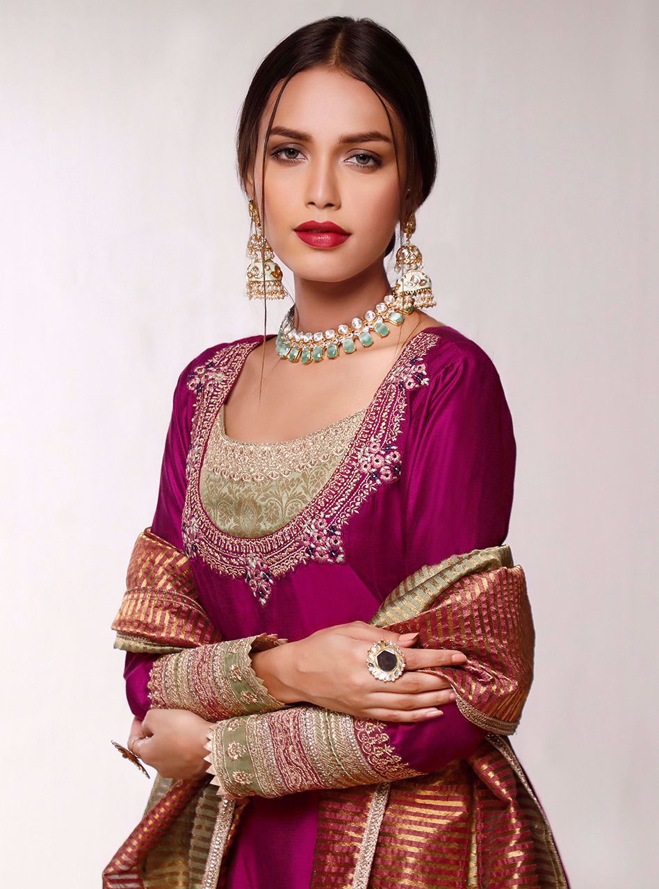 Magenta Embroidered Cotton Silk Anarkali Dress (3-Piece) - Image 4