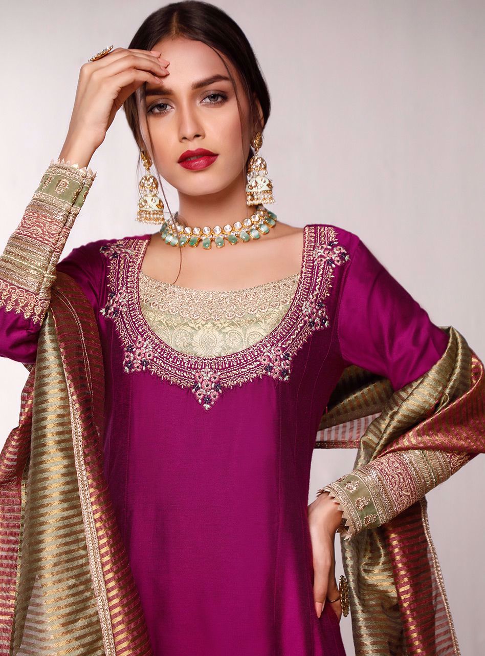 Magenta Embroidered Cotton Silk Anarkali Dress (3-Piece) - Image 5