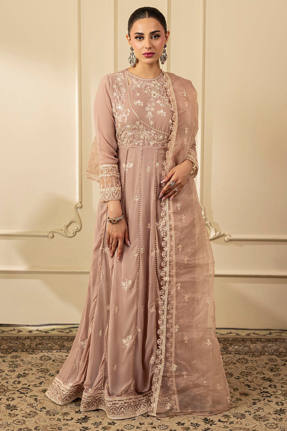 Dusty Rose Embroidered Crinkle Chiffon Anarkali (3-Piece) - Image 1