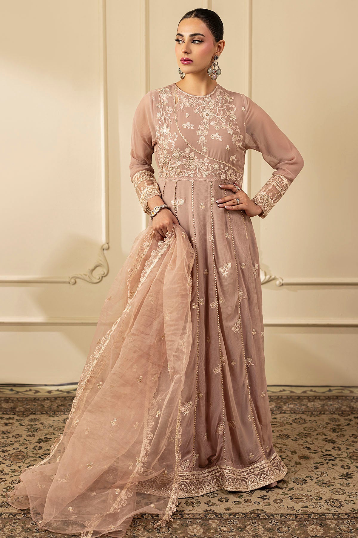 Dusty Rose Embroidered Crinkle Chiffon Anarkali (3-Piece) - Image 2