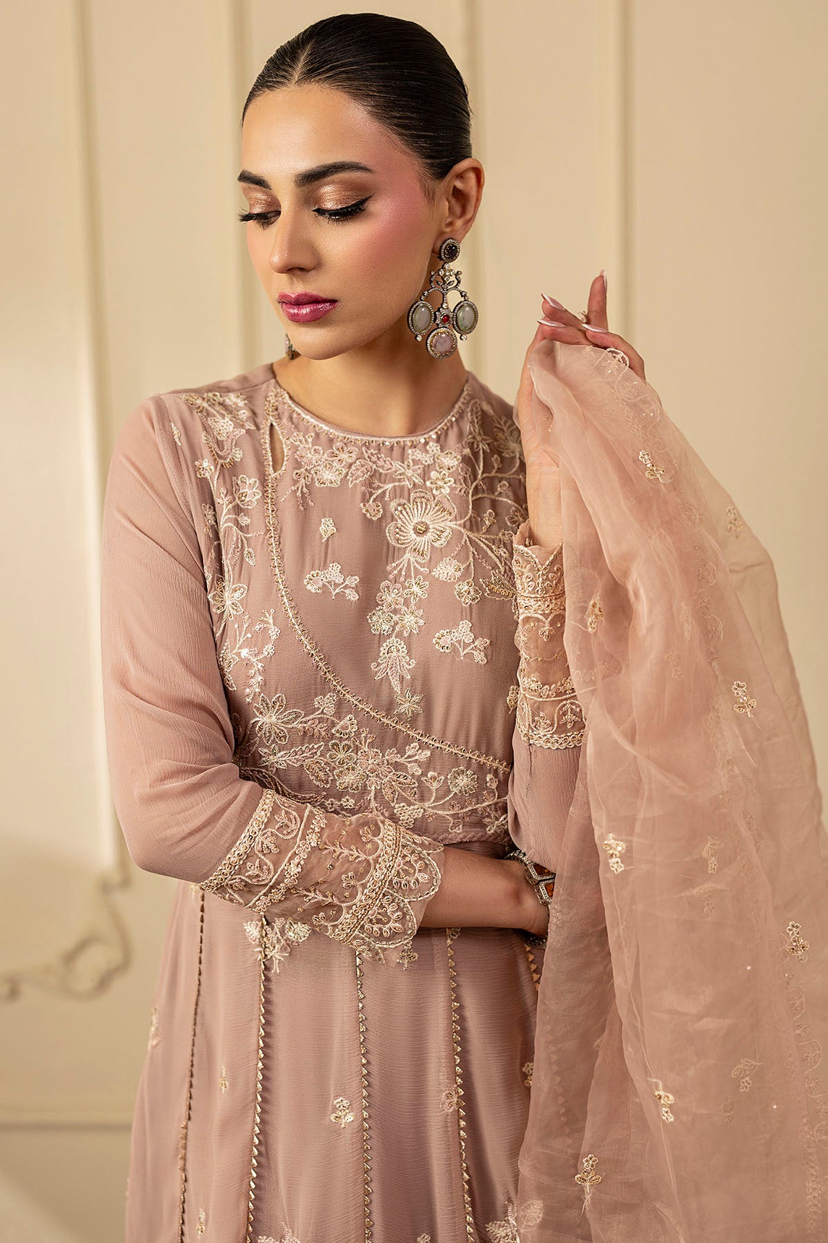 Dusty Rose Embroidered Crinkle Chiffon Anarkali (3-Piece) - Image 3