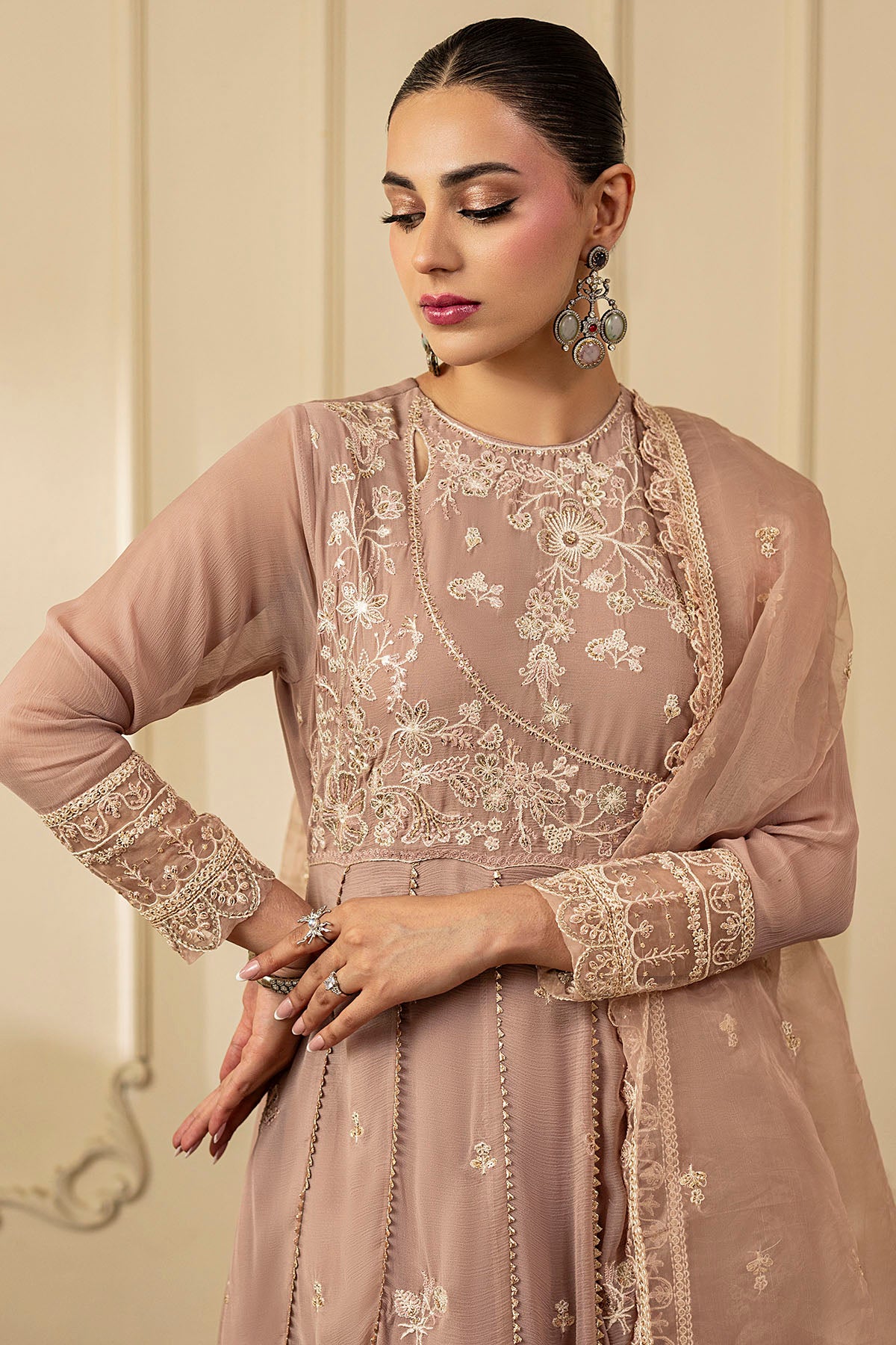 Dusty Rose Embroidered Crinkle Chiffon Anarkali (3-Piece) - Image 4
