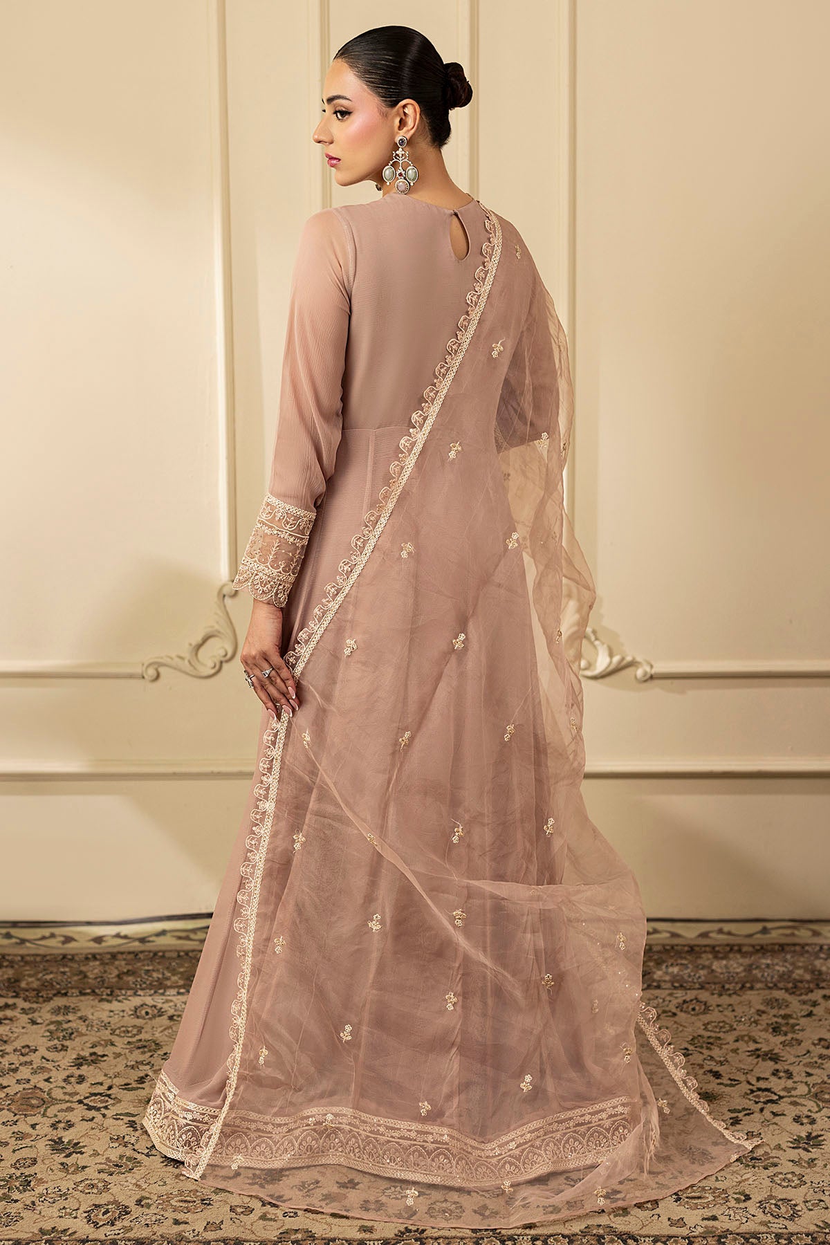 Dusty Rose Embroidered Crinkle Chiffon Anarkali (3-Piece) - Image 5