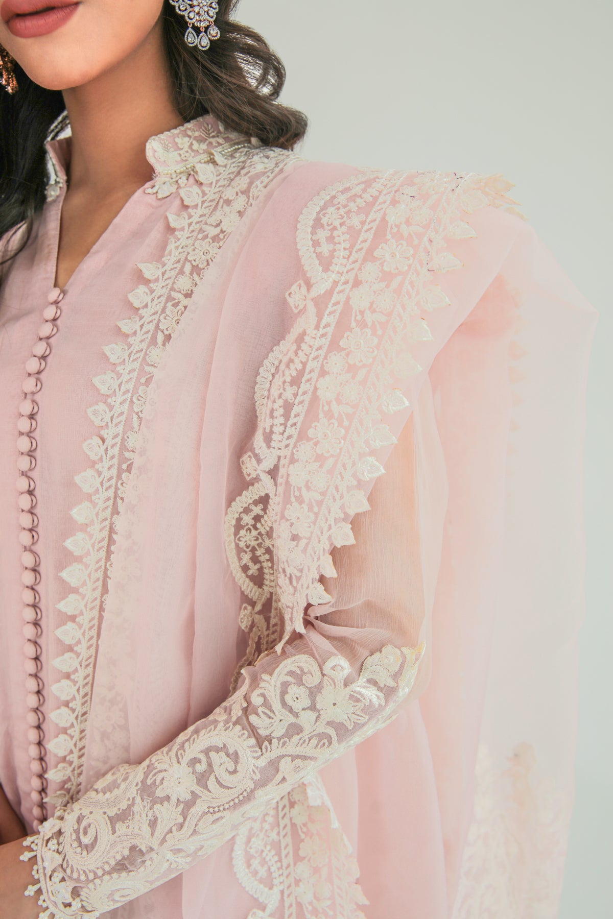 Pakistani Light Pink Embroidered Chiffon Anarkali Dress (3-Piece) - Image 3