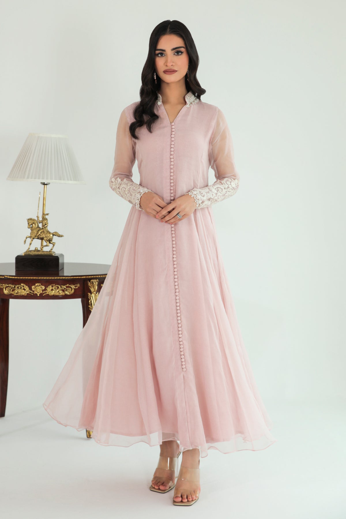 Pakistani Light Pink Embroidered Chiffon Anarkali Dress (3-Piece) - Image 7