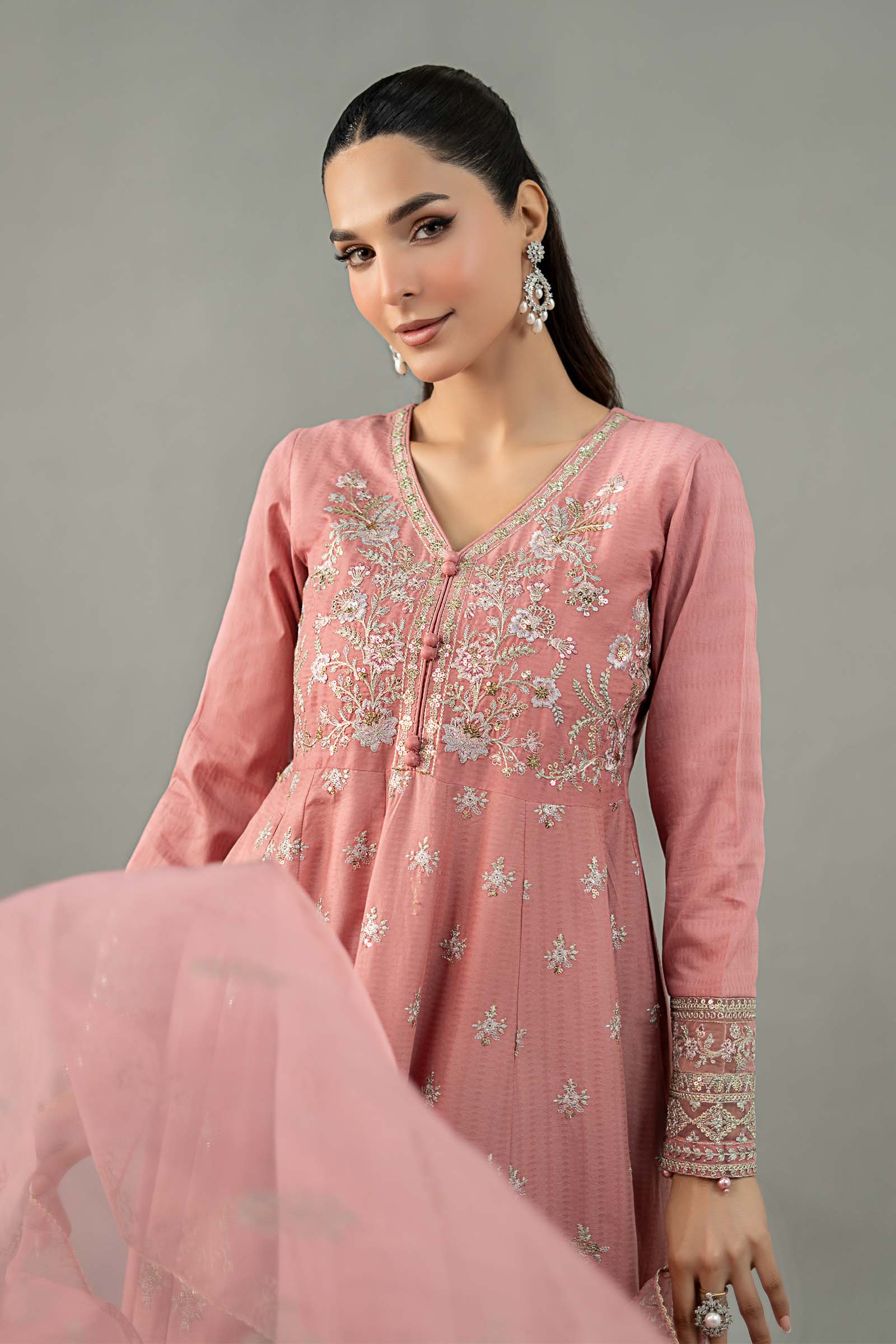 Pakistani Pink Embroidered Dobby Lawn Anarkali Dress (3-Piece) - Image 2