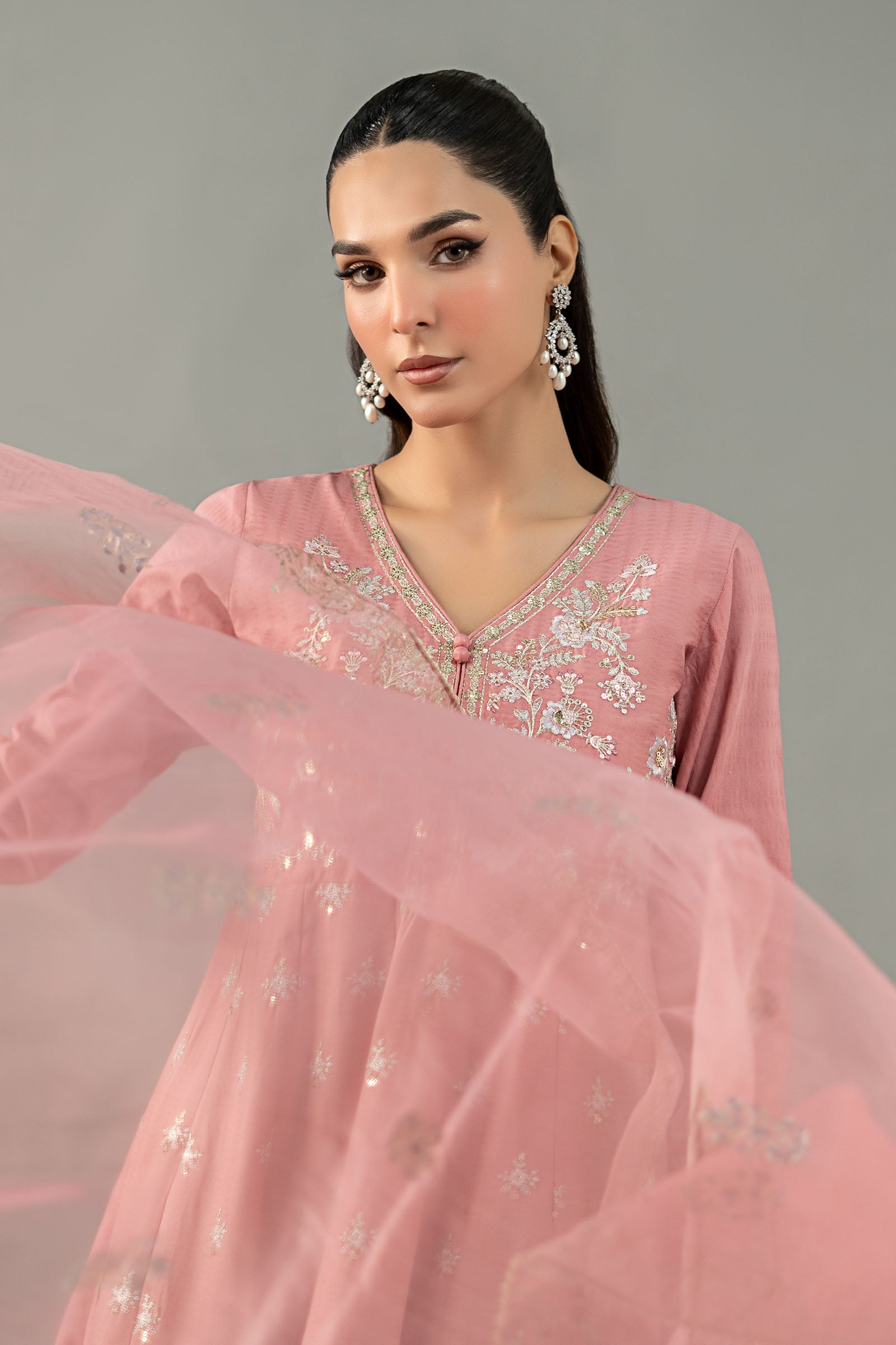 Pakistani Pink Embroidered Dobby Lawn Anarkali Dress (3-Piece) - Image 3