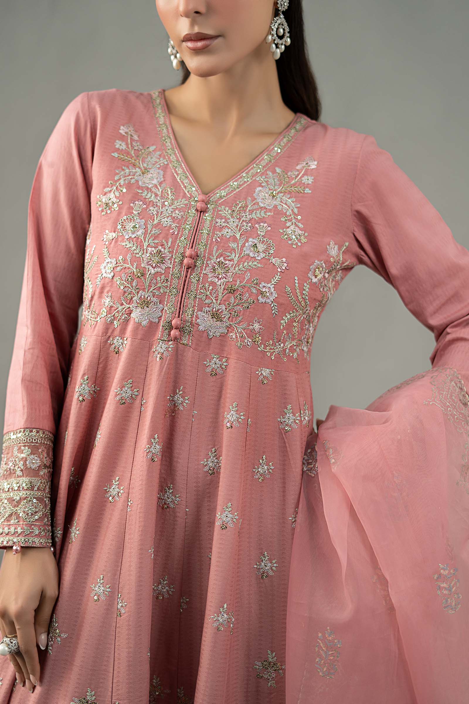 Pakistani Pink Embroidered Dobby Lawn Anarkali Dress (3-Piece) - Image 4