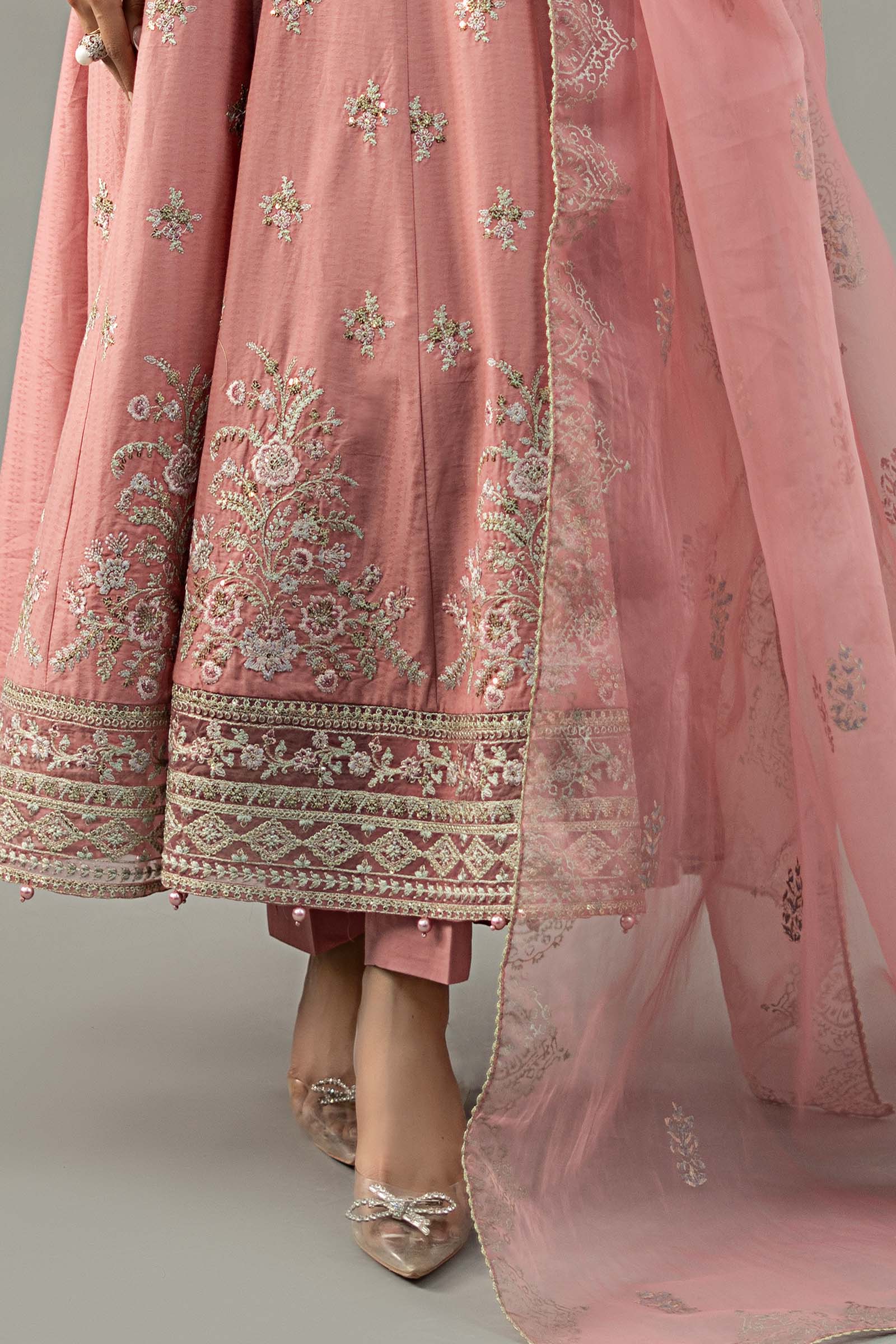 Pakistani Pink Embroidered Dobby Lawn Anarkali Dress (3-Piece) - Image 5