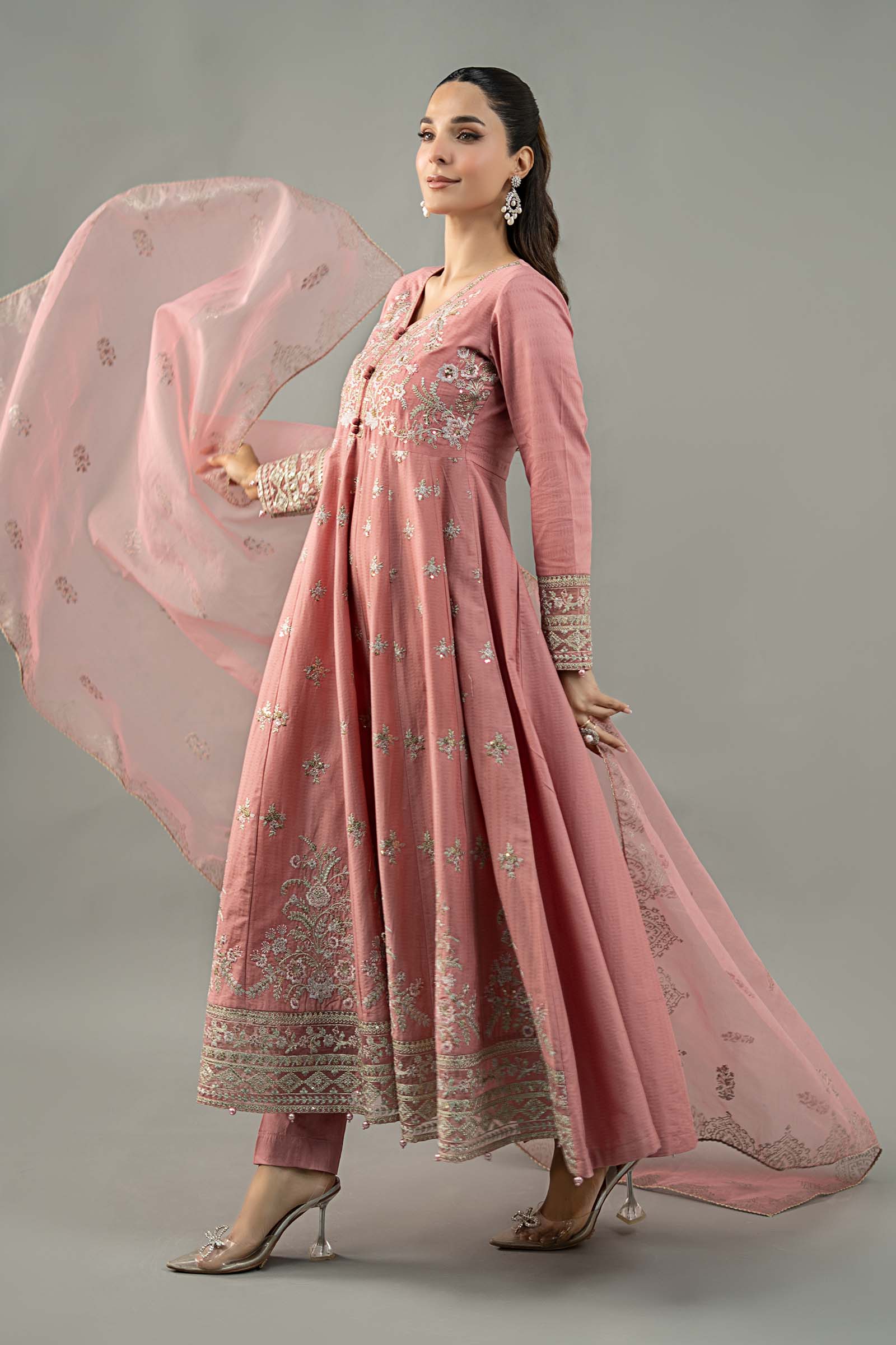 Pakistani Pink Embroidered Dobby Lawn Anarkali Dress (3-Piece) - Image 6