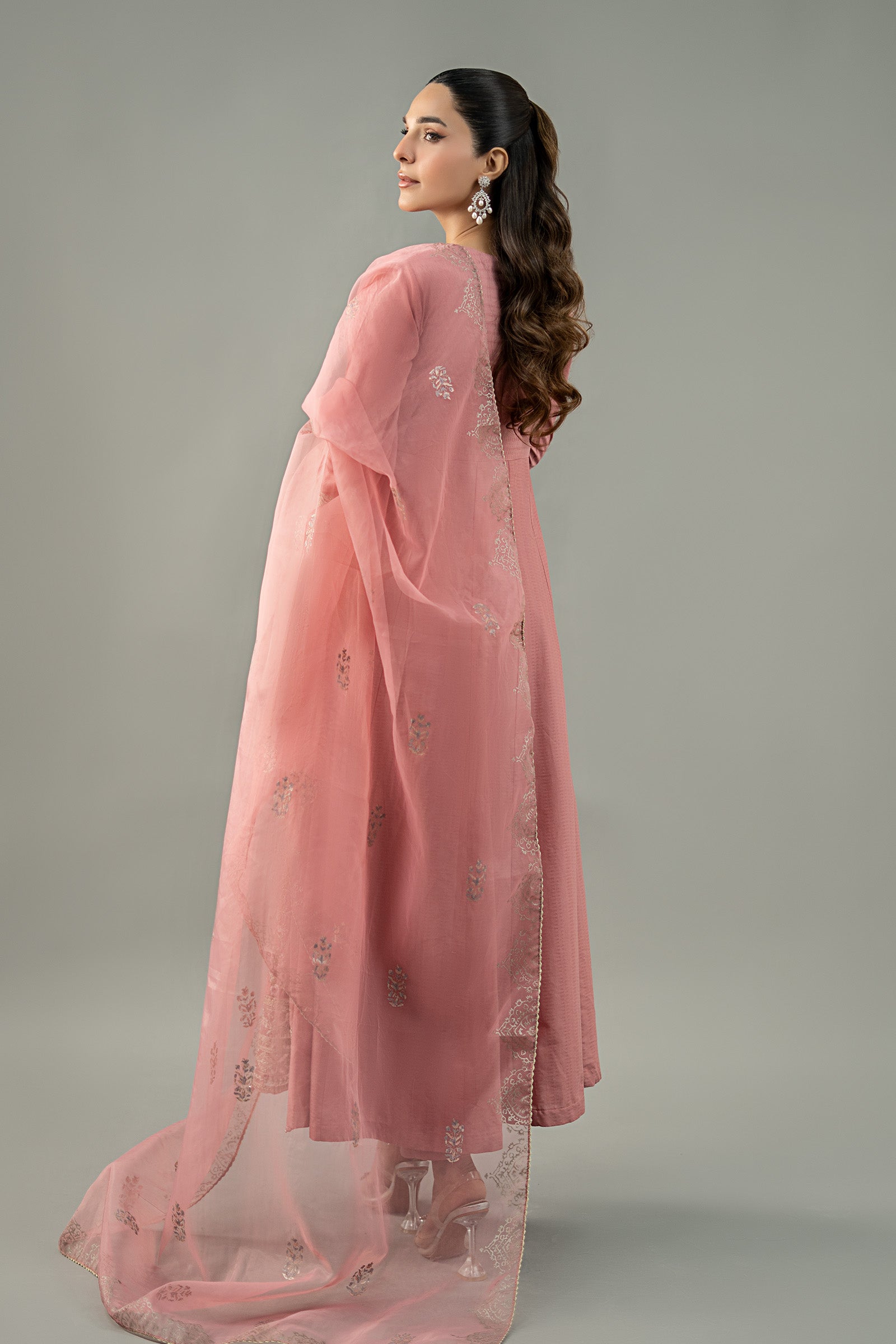 Pakistani Pink Embroidered Dobby Lawn Anarkali Dress (3-Piece) - Image 7