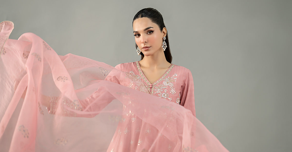 Pakistani Pink Embroidered Dobby Lawn Anarkali Dress (3-Piece) - Image 8