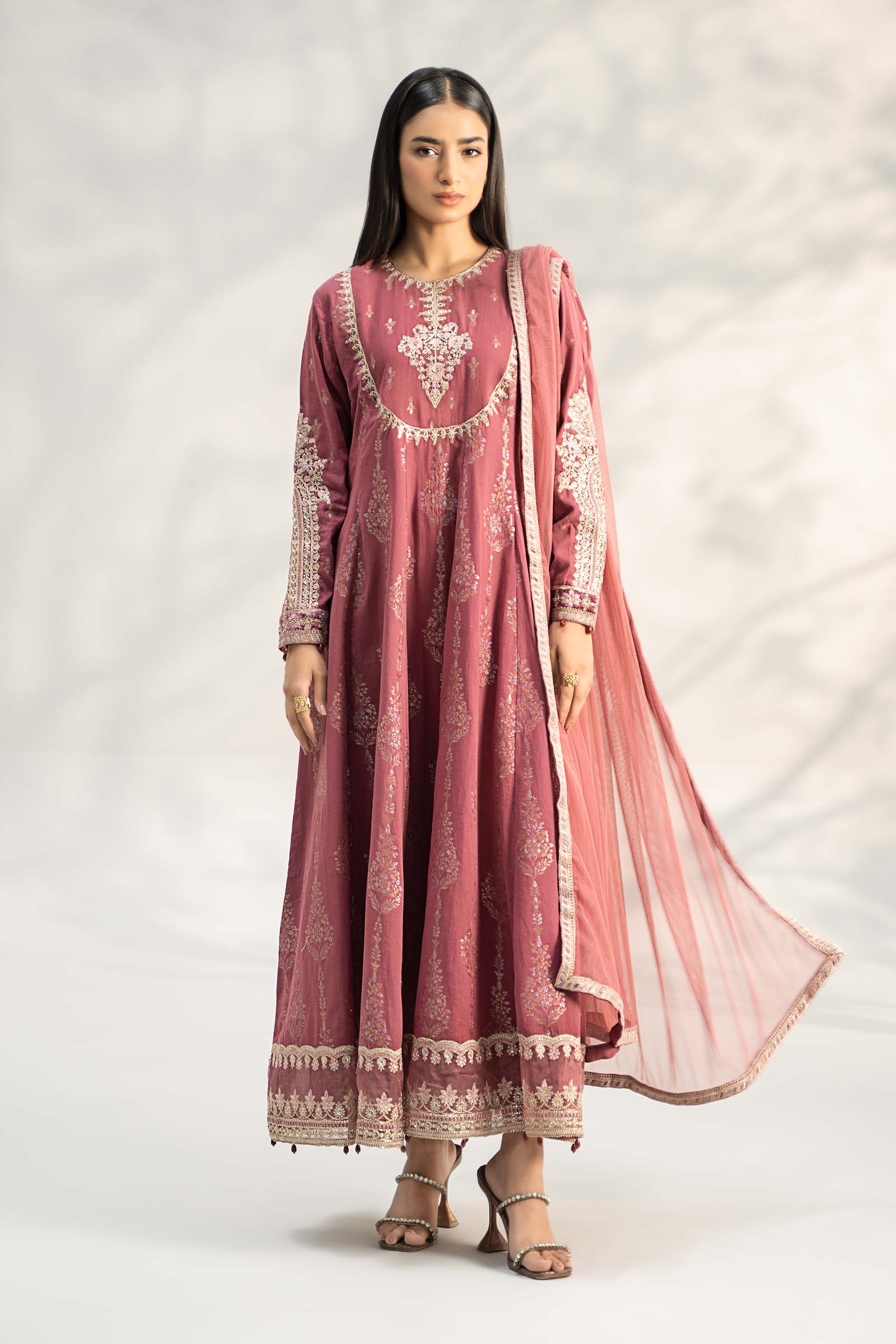 Ash Pink Embroidered Jacquard Lurex Anarkali Dress (3-Piece) - Image 1