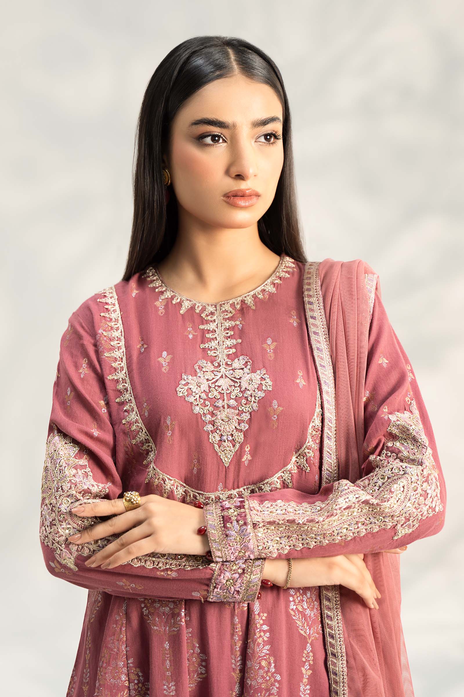 Ash Pink Embroidered Jacquard Lurex Anarkali Dress (3-Piece) - Image 2