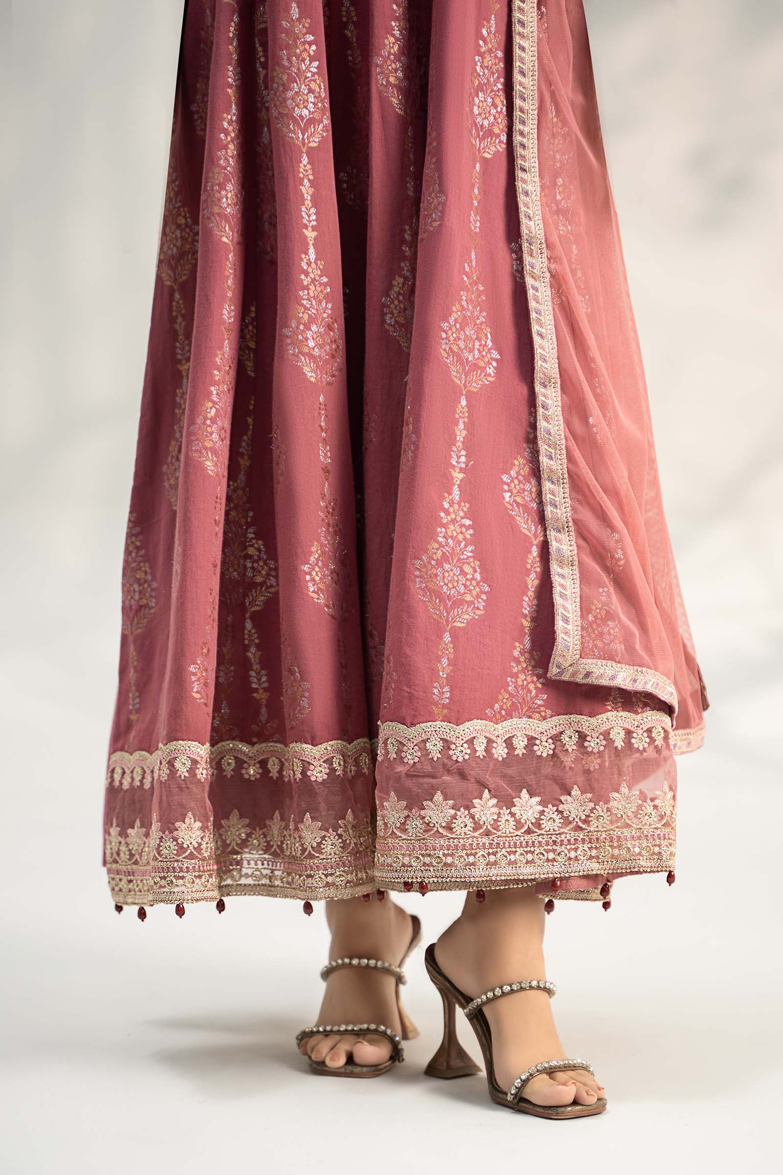 Ash Pink Embroidered Jacquard Lurex Anarkali Dress (3-Piece) - Image 3