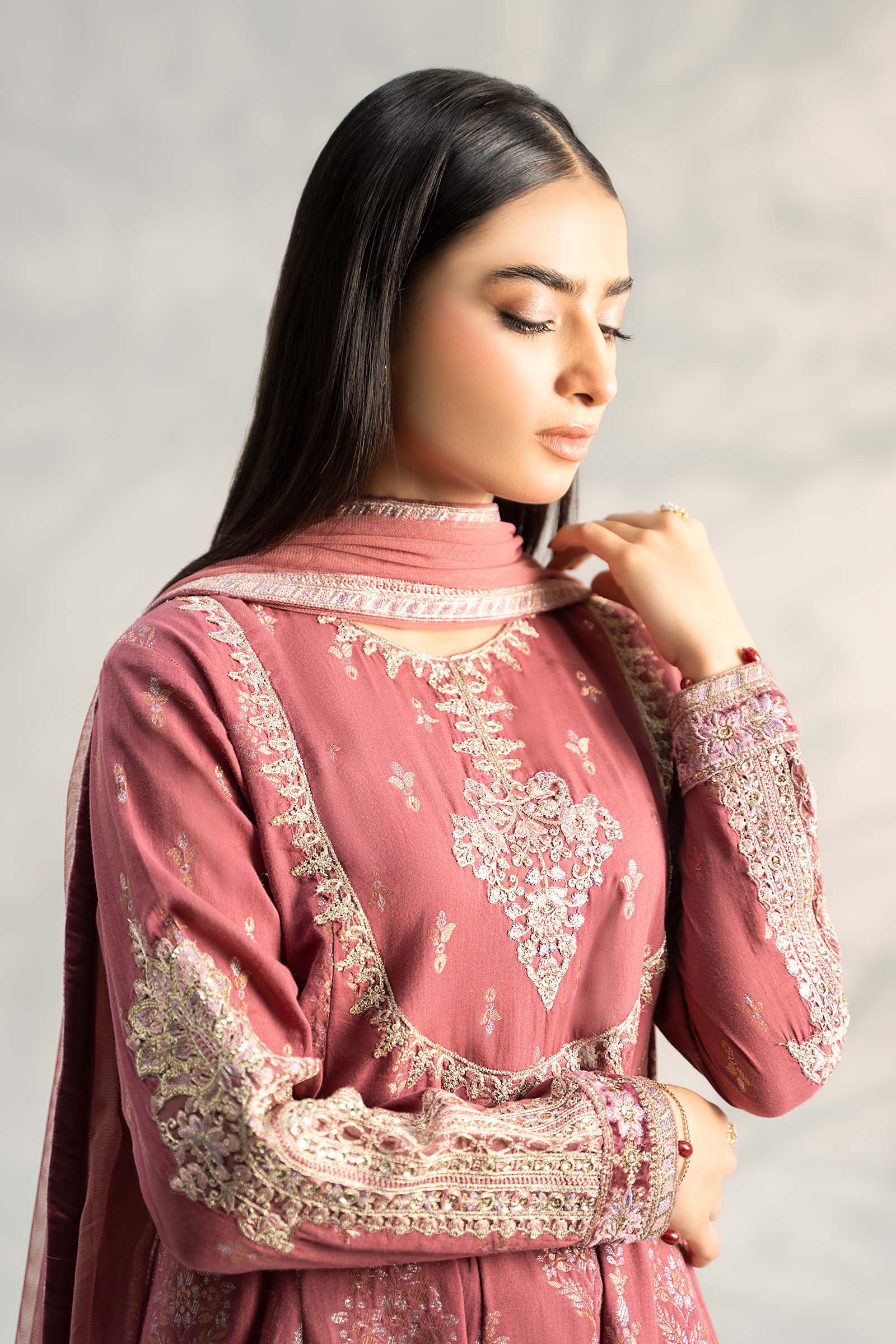 Ash Pink Embroidered Jacquard Lurex Anarkali Dress (3-Piece) - Image 4